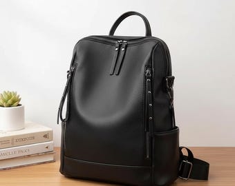 Luxury Genuine Leather Backpack, Minimalist Women's Travel Bag, Casual Leather Daypack