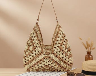 Bohemian Straw Woven Tote Bag, Summer Rattan Beach Handbag, Large Raffia Travel Shoulder Bag