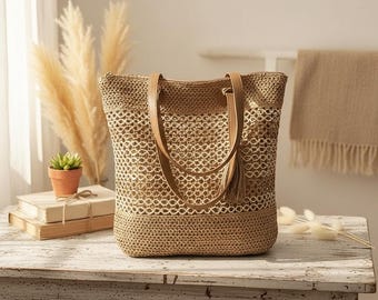 Luxury Woven Straw Tote, Handmade Rattan Beach Bag, Large Summer Shoulder Bag