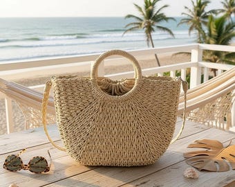Straw Beach Bag for Women • Handwoven Summer Bucket Purse • Seaside Travel Tote