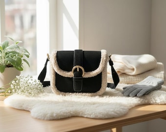 Plush Suede and Lamb Wool Patchwork Handbag • Retro Small Square Crossbody for Winter