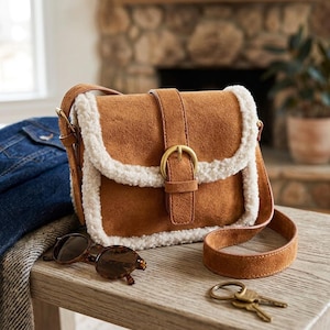 Può includere: Una borsa a tracolla in camoscio color cuoio con bordi in finta pelliccia bianca e un cinturino centrale con chiusura a fibbia in metallo dorato. La borsa presenta una tracolla in camoscio abbinata e una forma rettangolare strutturata.