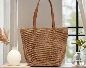 Large Woven Travel Tote, Zipper Beach Bag, Versatile Shoulder Handbag for Women
