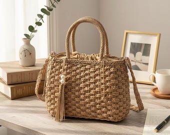Luxury Rattan Top-Handle Bag, Woven Shoulder & Crossbody Beach Handbag, Summer Basket Purse