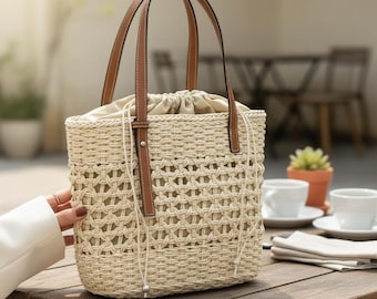 Large Rattan Wicker Tote, Luxury Straw Beach Handbag, Casual Summer Travel Bag