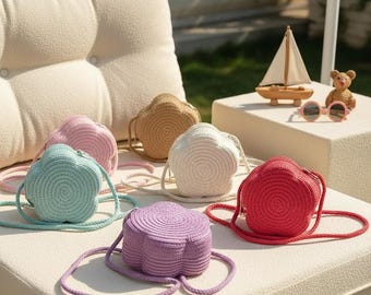 Straw Flower Crossbody Bag • Children’s Woven Summer Beach Purse