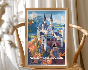Neuschwanstein Castle, Germany Travel Poster Wall Art, Real Life Disney Castle, Romantic Gift, Home Decor, Gift for Travel Lover