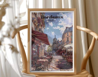 France Art Print, Bordeaux Travel Poster, Paris Cafe Scene, Vintage Cityscape Wall Decor, Romantic European Travel Gift