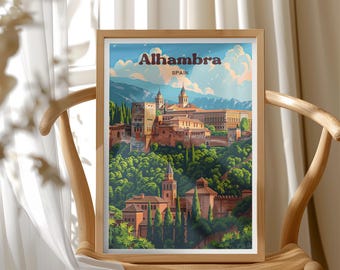 Alhambra Art Print Illustration, Spain Travel Poster, UNESCO Heritage Site, Granada Landmark Travel Art, Mid Century Home Decor