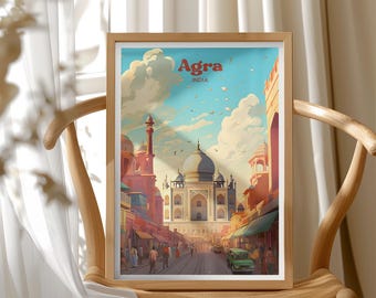Taj Mahal Art Illustration Print, Historic India Travel Poster, UNESCO Heritage Site, Mid Century Modern Decor, Unique Anniversary Gift
