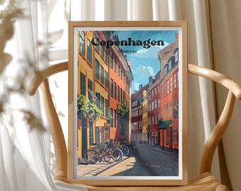 Denmark Travel Poster, Copenhagen Wall Art, Cityscape Travel Print, Scandinavian Travel Decor, Modern Travel Gift