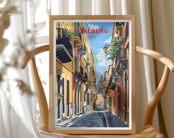 Italy Travel Poster, Catania Wall Art, European Street Scene, Sicily Travel Decor, Italy Travel Gift, Modern Illustration Print