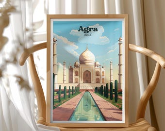 Vintage India Travel Poster, Taj Mahal Wall Art, Uttar Pradesh India, UNESCO World Heritage Site, History Lover Gift, Anniversary Present