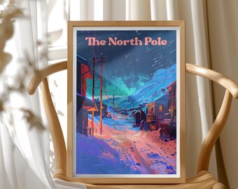North Pole, Winter Wonderland Illustration Print, Christmas Holiday Poster, Arctic Winter Print, Festive Decor, Christmas Gift Idea
