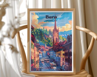 Switzerland Travel Poster, Bern Cityscape Art Print, Scenic Mountain Town Wall Decor, Travel Gift for Travelers and Wanderers