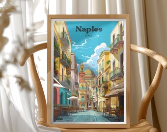 Naples Italy Travel Poster, Europe Cityscape Art, Mediterranean Street Scene, Wall Decor for Living Room or Office