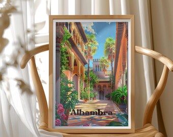 Alhambra Art Print, Spain Travel Poster, A Nasrid Garden, Islamic Architecture Illustration Wall Art, Iconic Granada Landmark Decor