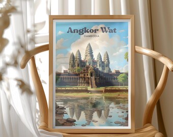 Cambodia Travel Poster, Angkor Wat Art Print Illustration, Siem Reap Art Print, Buddist Wall Art Decor, World Heritage Site Illustration