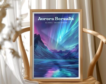 Alaska Northern Lights Poster, Aurora Borealis Illustration Art, Scenic Travel Decor, Night Sky Illustration Wall Art, Nature Travel Decor