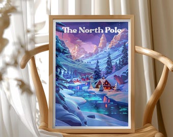 North Pole Poster, Christmas Wall Art, Santa Claus Village Illustration Print, Cozy Winter Decor, Christmas Gift, Rustic Home Decor