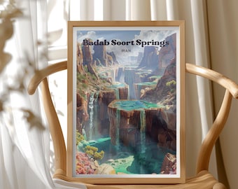 Badab-e Surt Poster, Iran Travel Poster, Badab Soort Springs Wall Art, Iran Landscape Illustration Print, Scenic Travel Decor