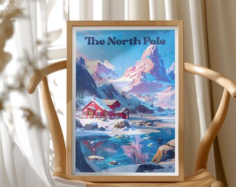 North Pole Travel Poster, Christmas Illustration Art, Festive Winter Landscape Travel Art, Winter Wonderland Holiday Gift, Christmas Poster