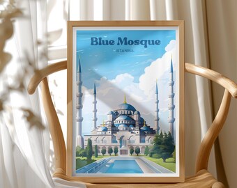 Istanbul Travel Poster, Blue Mosque Wall Art, Hagia Sophia Print, Istanbul Travel Decor, Turkey Mosque Illustration, Modern Home Wall Decor