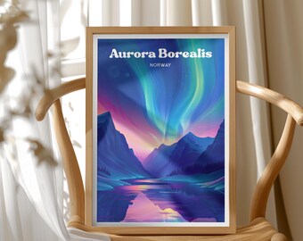 Aurora Borealis Norway Poster Illustration, Nordic Northern Lights Wall Art, Gift Idea For Travelers,Holiday Adventure, Winter Bucket List