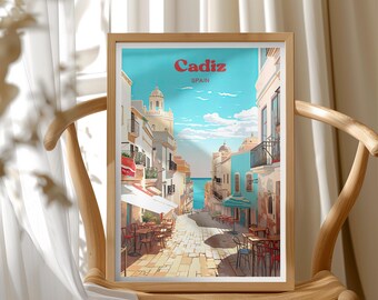 Spain Travel Poster, Cadiz Print Wall Art, Beach Town Landscape, Travel Wall Art, European Vacation, Mediterranean Coast, Gift for Travelers