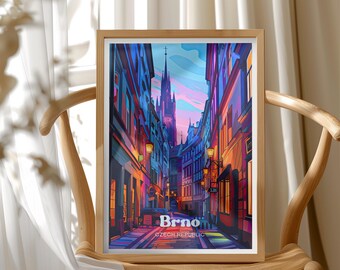 Czech Travel Poster, Brno Cityscape Art, Urban Street Scene, Modern Wall Decor, Vibrant Travel Wall Art, Cityscape Print, Travel Gift Idea