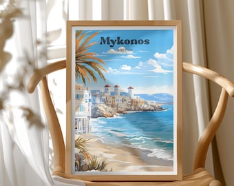 Mykonos Travel Poster, Greece Wall Art, Summer Bucket List, Coastal Wall Art, Greece Island Vacation, Beach Illustration, Vacation Gift