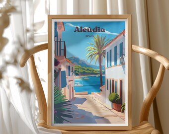 Spain Travel Poster, Alcudia Coastal Scene Art Print, Beach Cityscape Wall Decor, Vacation Gift, Travel Lover Home Office Art