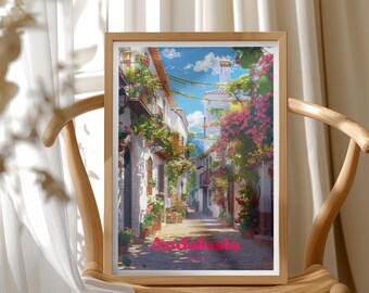 Spain Travel Poster, Andalusia Wall Art, , Mediterranean Village Scene, Gift for Travel Lovers