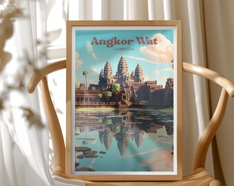 Angkor Wat Travel Poster, Cambodia Art Print, Buddist Home Decor, Siem Reap Illustration, UNESCO Heritage Site, Unique Traveler Gift Idea