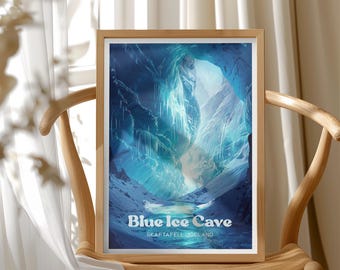 Blue Ice Caves Iceland Wall Art Poster, Ice Cave Illustration, Scenic Travel Home Decor Print, Arctic Landscape Decor, Winter Vacation