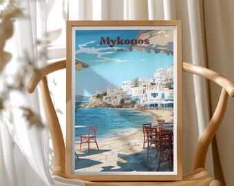 Greece Travel Poster, Mykonos Island Wall Art, Coastal Landscape Decor, Vacation Travel Print, Mediterranean Seaside Home Decor