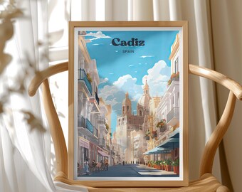 Spain Travel Poster, Cadiz Wall Art, Cityscape Illustration, Coastal Town Decor, Travel Gift for Travelers