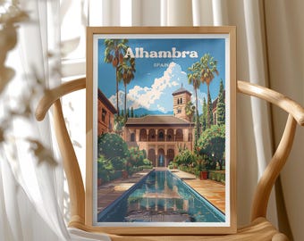 Alhambra Spain, Historic Palace Illustration, Spain Travel Art Poster, European Vacation, Unique Travel Gift Idea, Home & Office Decor