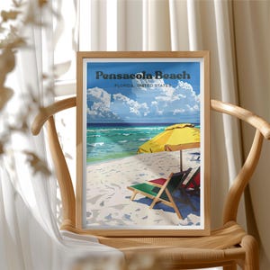 Puede incluir: Un estampado enmarcado que presenta una escena de playa con el texto "Pensacola Beach, Florida, United States". La obra de arte representa una playa soleada con una sombrilla amarilla, tumbonas y un mar turquesa bajo un cielo azul con nubes esponjosas.