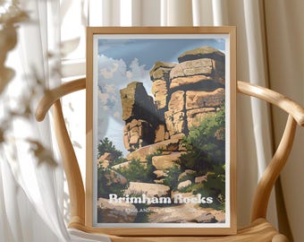 Brimham Rocks England Wall Art Print, British Rock Formation Illustration, Scenic Travel Poster, Yorkshire Dales National Park Decor,