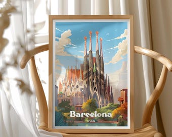Barcelona Spain Travel Poster, Sagrada Familia, Colorful Cityscape Illustration, Modern Travel Illustration Print for Home or Office
