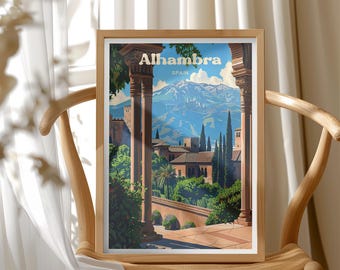 Alhambra Spain Travel Poster, Granada Wall Art, Historic Palace Illustration Poster, European Decor, Birthday And Wedding Gift Idea