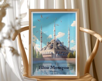 Istanbul Travel Poster, Blue Mosque Art Print, Mosque Wall Decor, Istanbul Landmark Illustration, Gift for Travelers, Ottoman Architec