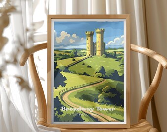 Cotswold Travel Poster, Broadway Tower Illustration, Lord of the Rings Tower, Vintage Travel Art, Landscape Wall Decor, Gift for LOTR Lovers