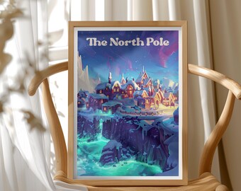 North Pole Christmas Poster Illustration, Santa’s Arctic Village, Winter Travel Wall Art Print, Cozy Holiday Decor, Holiday Wal Art