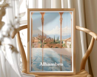 Alhambra Illustration, Spain Travel Poster, Historic Moorish Palace Travel Art Print, Home Office Decor, Unique Gift for Travelers
