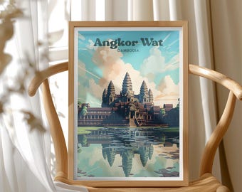 Angkor Wat Art Print Illustration, Cambodia Travel Poster, Vintage Khmer Temple Travel Wall Art Print, Buddist Poster, UNESCO Heritage Site