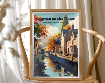England Travel Poster, Bourton on the Water, UK Travel Print, Scenic Wall Art, Travel Wall Decor, Landscape Illustration, Autumn Scene