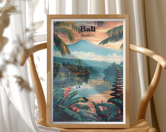 Bali Travel Poster, Indonesia Art Print Illustration, Tropical Island Travel Wall Art Print, Paradise Landscape Home Decor