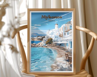 Mykonos Travel Poster, Greece Coastal Scene Wall Art, Beach Decor Nautical Travel Gift